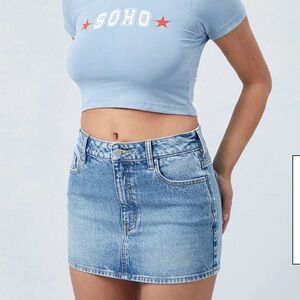PacSun Light Blue Stretch Mid Rise Denim Mini Skirt in medium indigo.